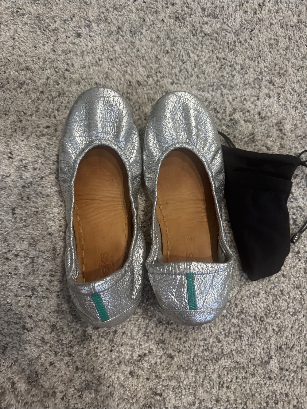 Tieks Silver Leather Ballet Flats with Teal Heel Stripe